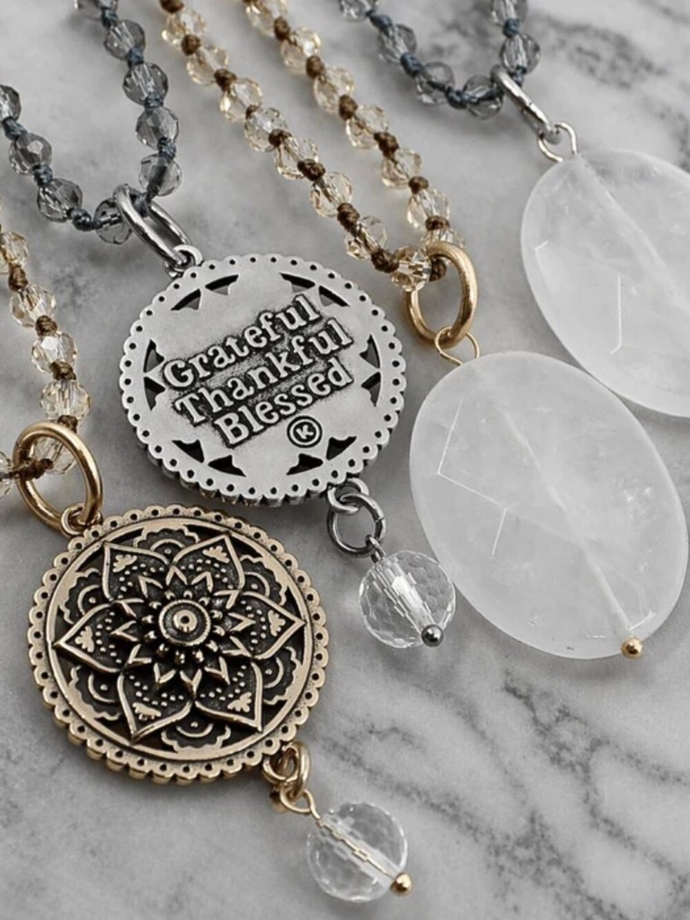 Katia Designs Grateful Thankful Blessed Mandala Bloom Necklace Goldtone - Picture 5 of 6